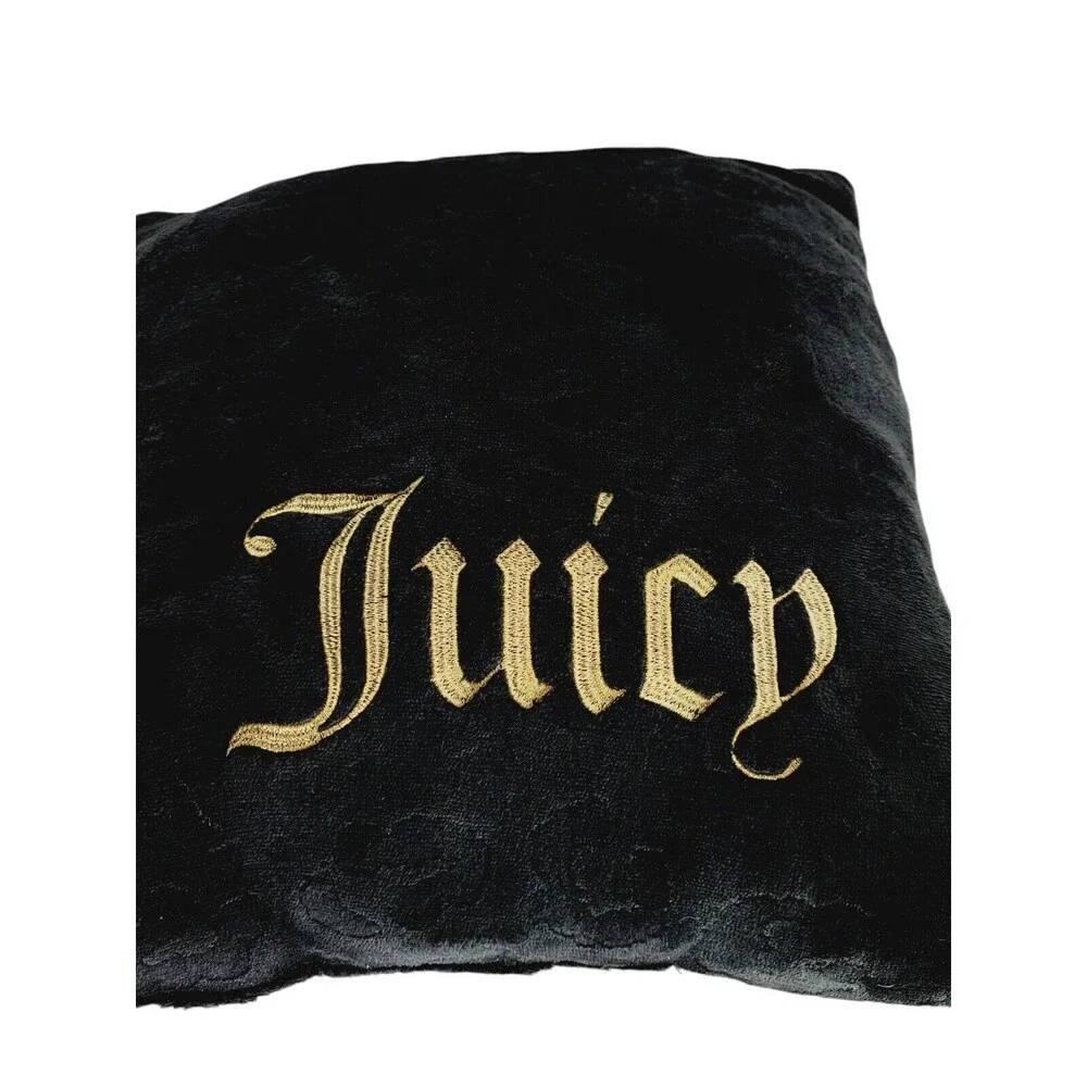 VTG Y2K Juicy Couture Black Velour Velvet Metallic Gold Embroidered Toss Pillow